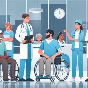 A diverse group of people with disabilities, including individuals in wheelchairs and with visual impairments, engaging with healthcare professionals in a hospital setting, illustrating accessibility improvements.