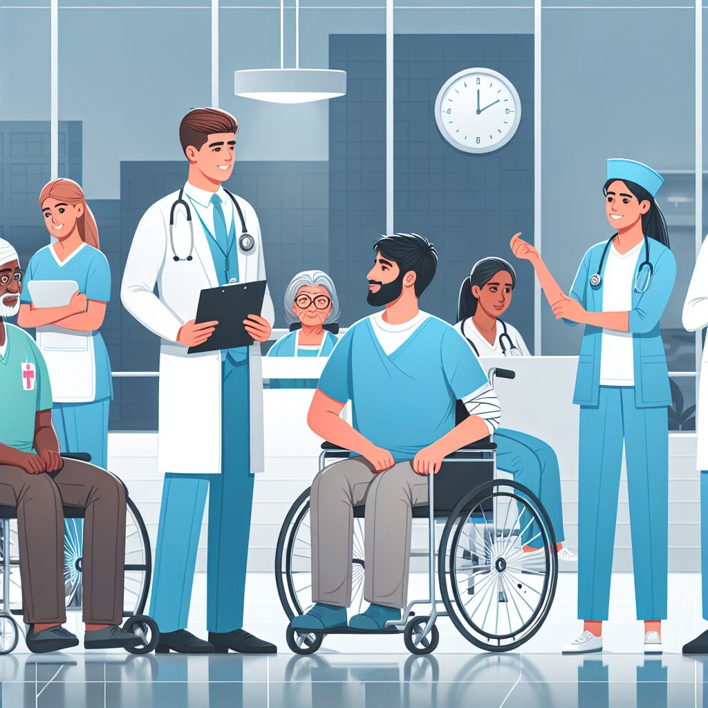 A diverse group of people with disabilities, including individuals in wheelchairs and with visual impairments, engaging with healthcare professionals in a hospital setting, illustrating accessibility improvements.