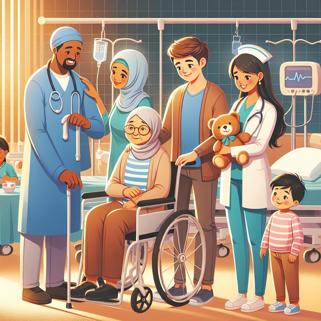 An inclusive healthcare setting showing diverse people, including those with disabilities, interacting positively with compassionate healthcare professionals, modern medical equipment in the background, diverse age groups, warm lighting.