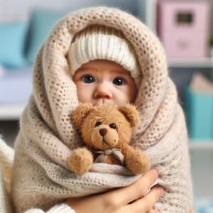 Un bébé emmitouflé dans une couverture douce, tenant un petit ours en peluche, symbolisant la protection maternelle contre le froid hivernal et les maladies respiratoires.