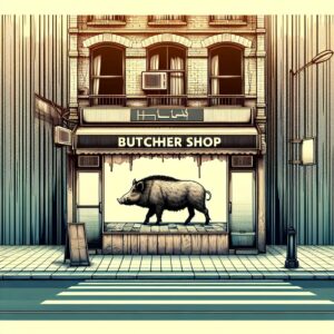 Illustration of a closed butchery in an urban setting, halal signage, with an overlay of a boar image to symbolize the controversy, in a somber and serious tone.