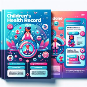 A modern, updated children's health record booklet featuring colorful illustrations of children's health milestones, screen time guidelines, and a guide for a healthier lifestyle, adapted for the year 2025.