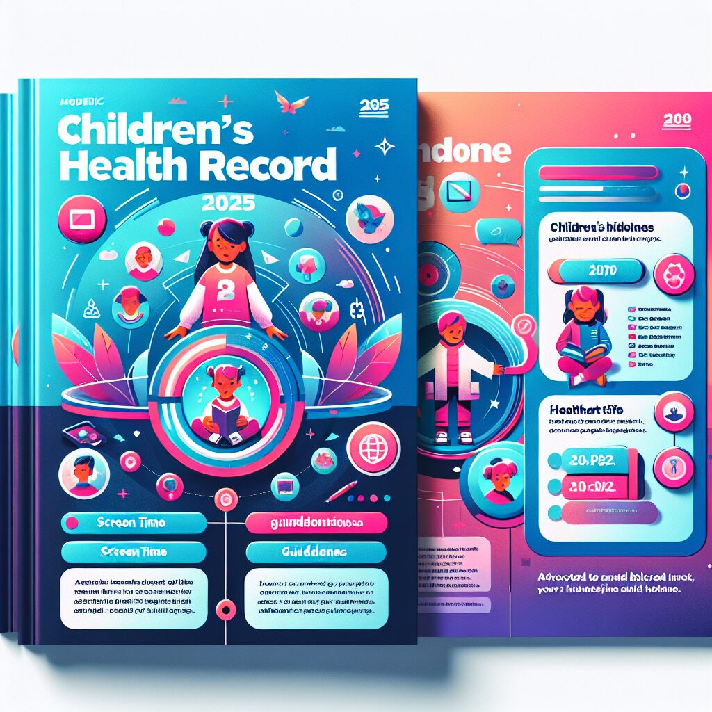 A modern, updated children's health record booklet featuring colorful illustrations of children's health milestones, screen time guidelines, and a guide for a healthier lifestyle, adapted for the year 2025.