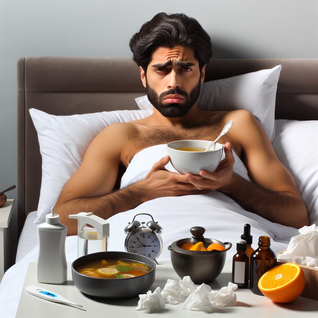 A man lying in bed with a cold, displaying a typical portrayal of the 'Man Flu', with a serious expression, surrounded by common cold remedies and tissues. The image should convey a sense of discomfort, capturing the essence of the debate on the severity of flu symptoms among men.