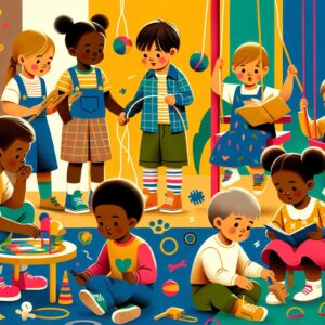 A group of diverse children playing together, showcasing various developmental stages, in a colorful, engaging setting. The image should highlight inclusivity and early childhood activities.