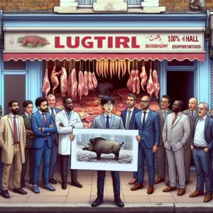 A bustling market street in Bobigny with a closed butcher shop featuring a sign '100% Halal'. People looking shocked as inspectors evaluate. Highlight a boar illustration to indicate the discovery.