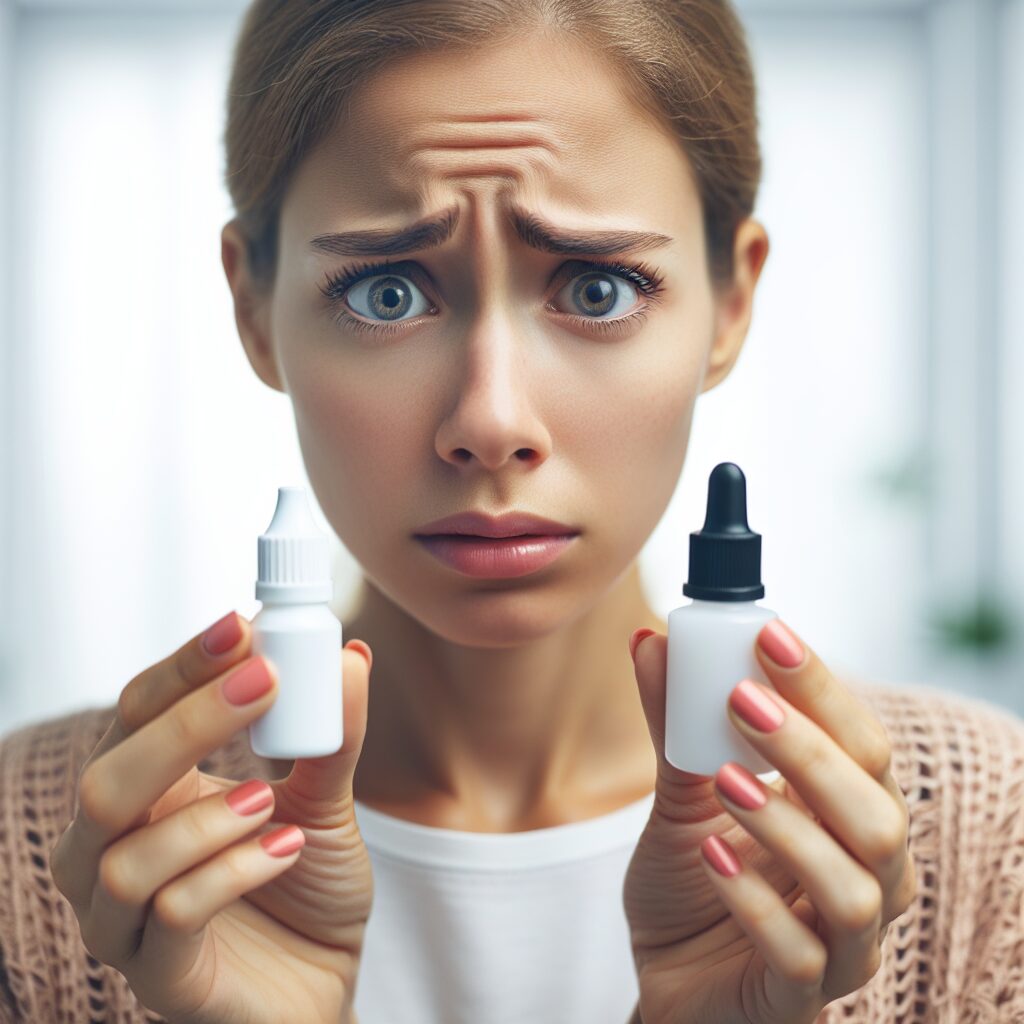 A worried American woman in a bathroom holding two similar small bottles, one labeled "eye drops" and the other "nail glue", depicting confusion and danger with a focus on eyes and highlighted bright bathroom lights.