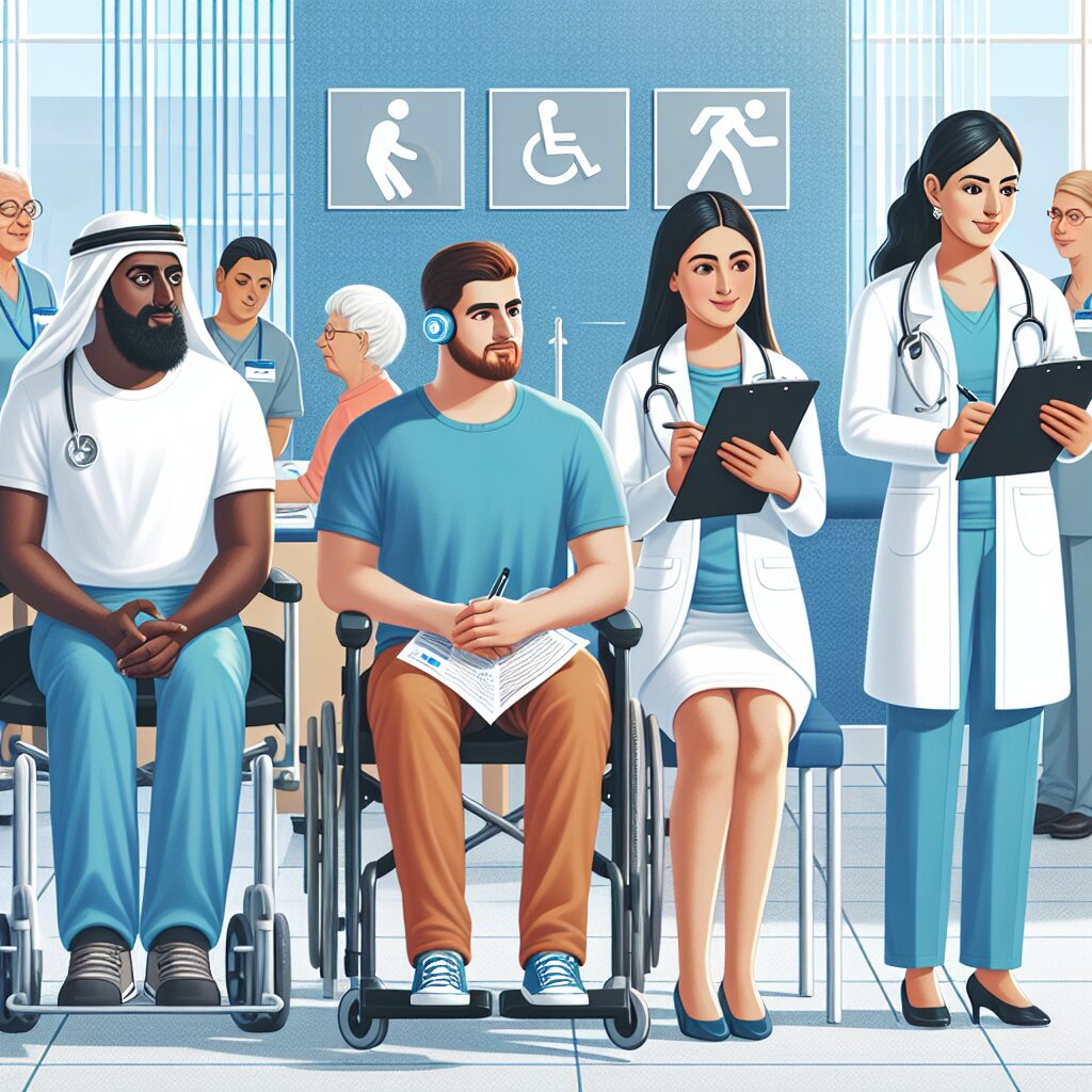 An illustration showing a diverse group of people with disabilities, accompanied by healthcare professionals, participating in a survey or questionnaire, in a medical setting. The image conveys a sense of inclusion and accessibility in healthcare services.