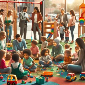 A group of diverse children playing together in a colorful playground with various toys, showcasing inclusion, early childhood development, and happiness. In the background, helpful parents talk to a teacher, emphasizing awareness and support.