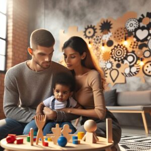 Une famille attentive observant les premiers signes de développement de leur enfant, dans une ambiance chaleureuse et éducative, avec des éléments visuels représentant les différents types de troubles du développement tels que l'autisme et les troubles DYS.