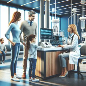 A French family visiting a modern doctor's office, with a general practitioner explaining new consultation fees; the atmosphere is professional yet warm, highlighting the changes in healthcare costs.