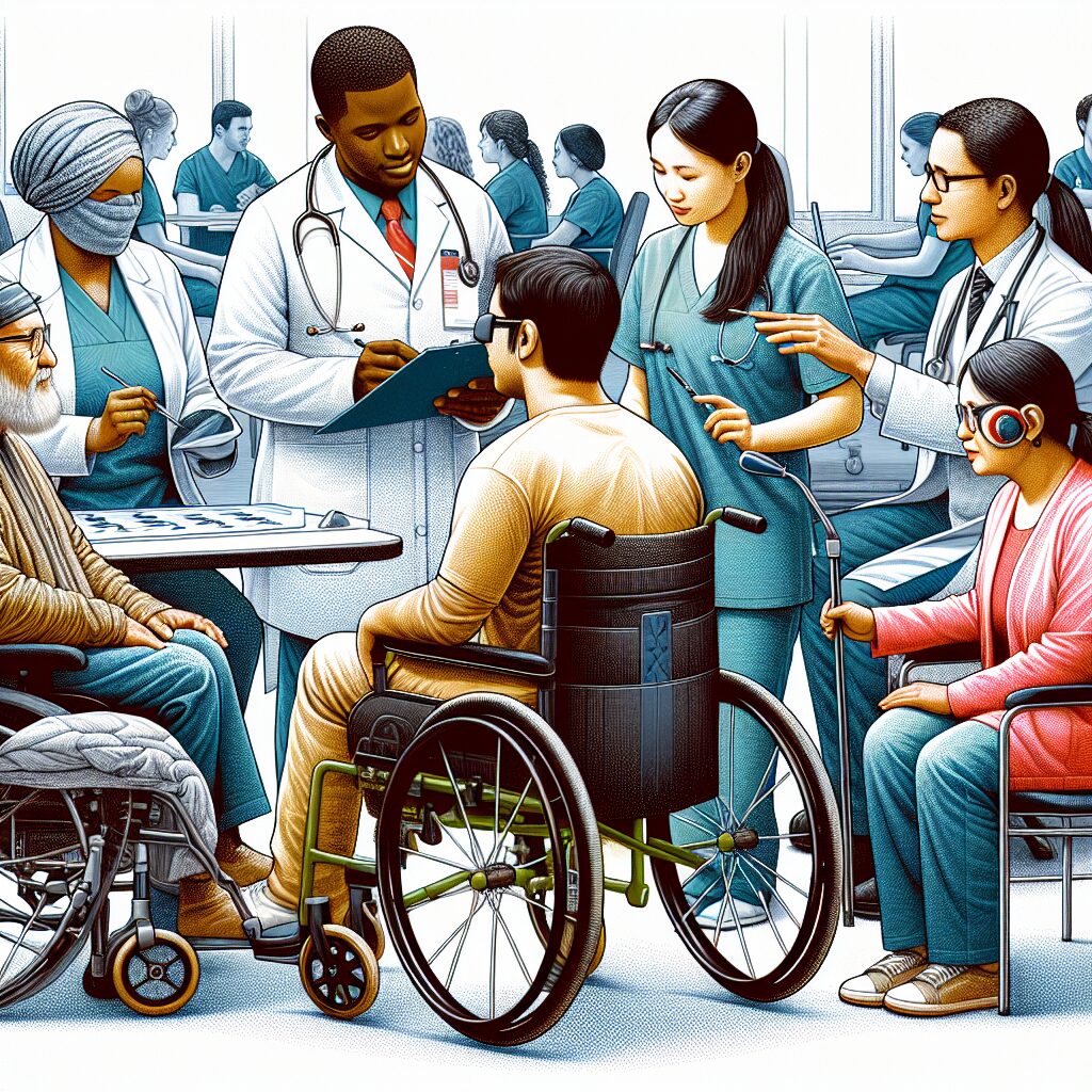 An illustration showing a diverse group of disabled people engaged in a healthcare setting, with medical staff attentively interacting with them. The scene emphasizes inclusivity and accessibility, featuring various aids like wheelchairs, hearing aids, and visual aids, symbolizing equitable healthcare access for individuals with disabilities.