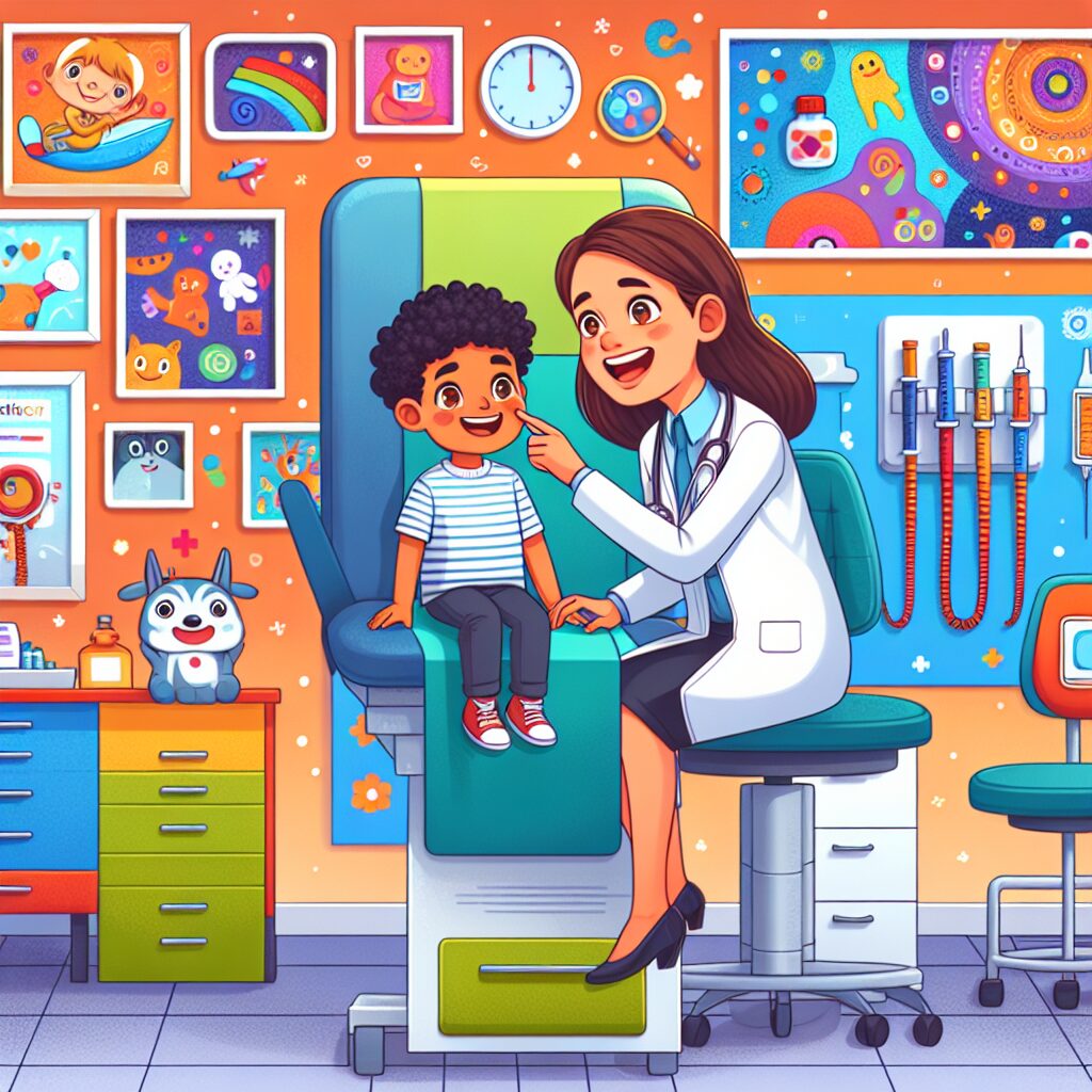 Illustration of a pediatric examination setting in a bright doctor's office with a friendly female pediatrician examining a cheerful 6-year-old child. The environment is colorful with child-friendly medical equipment, emphasizing health and preventative care at this crucial age.