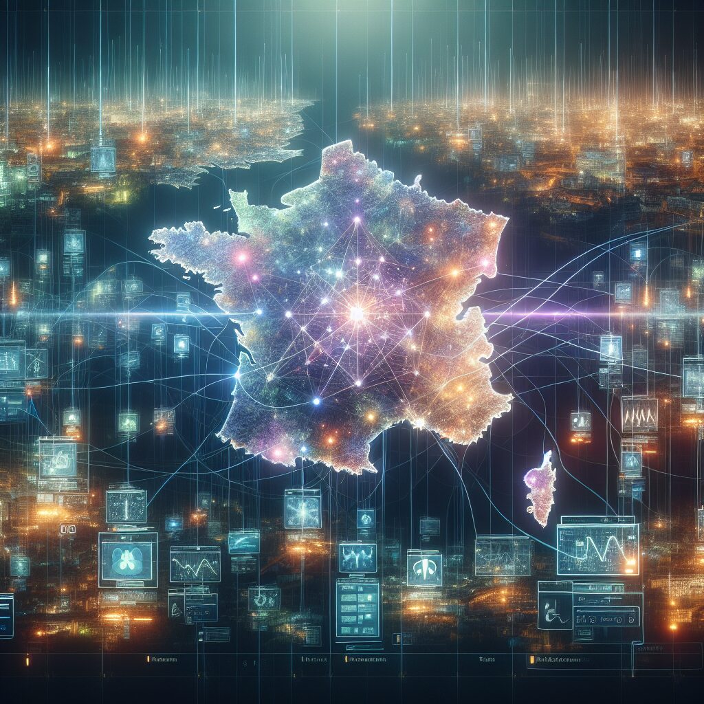 A symbolic representation of the Orchidée project, depicting a network of hospitals interconnected through data streams, with a backdrop featuring digital medical interfaces and maps highlighting France and its regions.