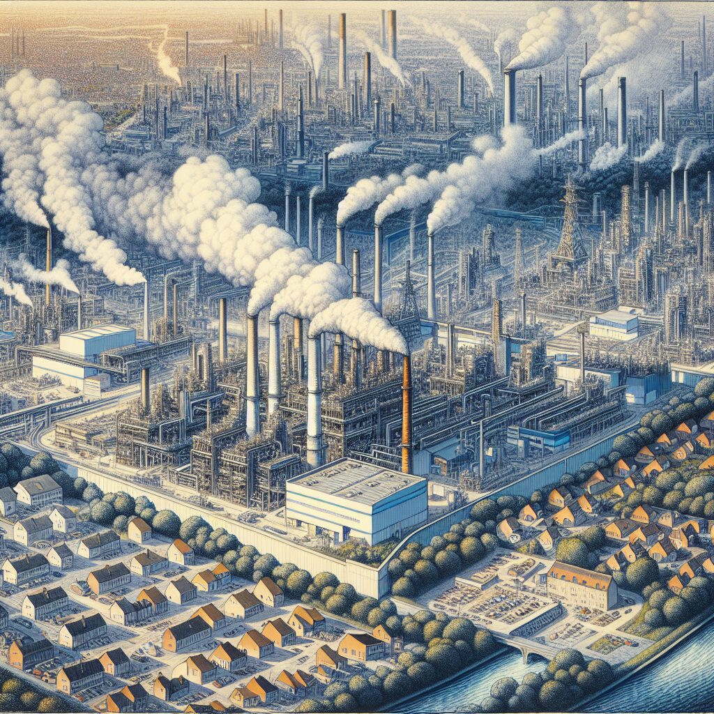 A detailed illustration of industrial areas in France with a focus on environmental health aspects, showing factories, emissions, and nearby residential areas, emphasizing the human impact of industrial zones.