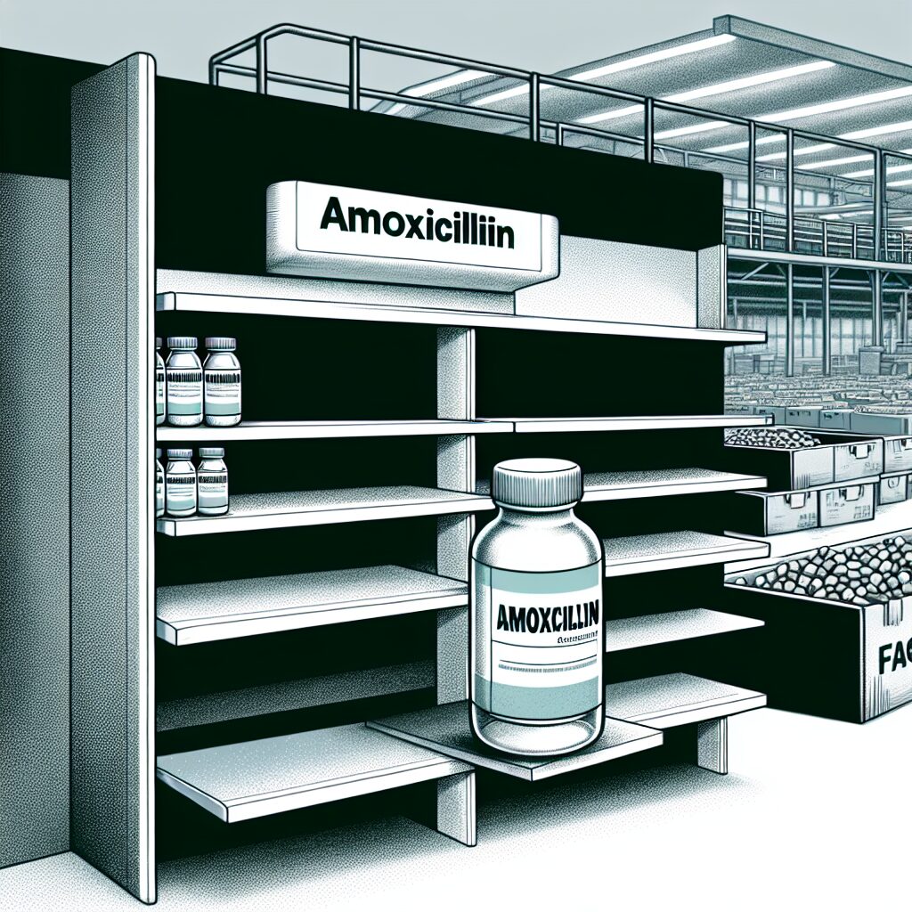 An illustrative image depicting an empty pharmacy shelf labelled 'Amoxicillin', with a background that shows a factory setting where medicine bottles are discarded, highlighting a sense of scarcity and waste.