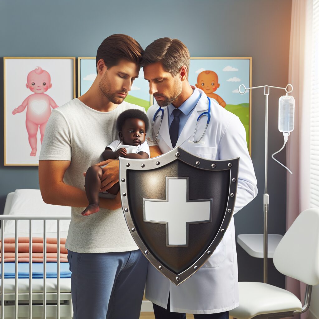 A concerned parent holding a baby, surrounded by symbols of protection such as a shield and a doctor's white coat, with a backdrop of a bright and clean pediatric clinic room, reflecting a sense of health and safety.