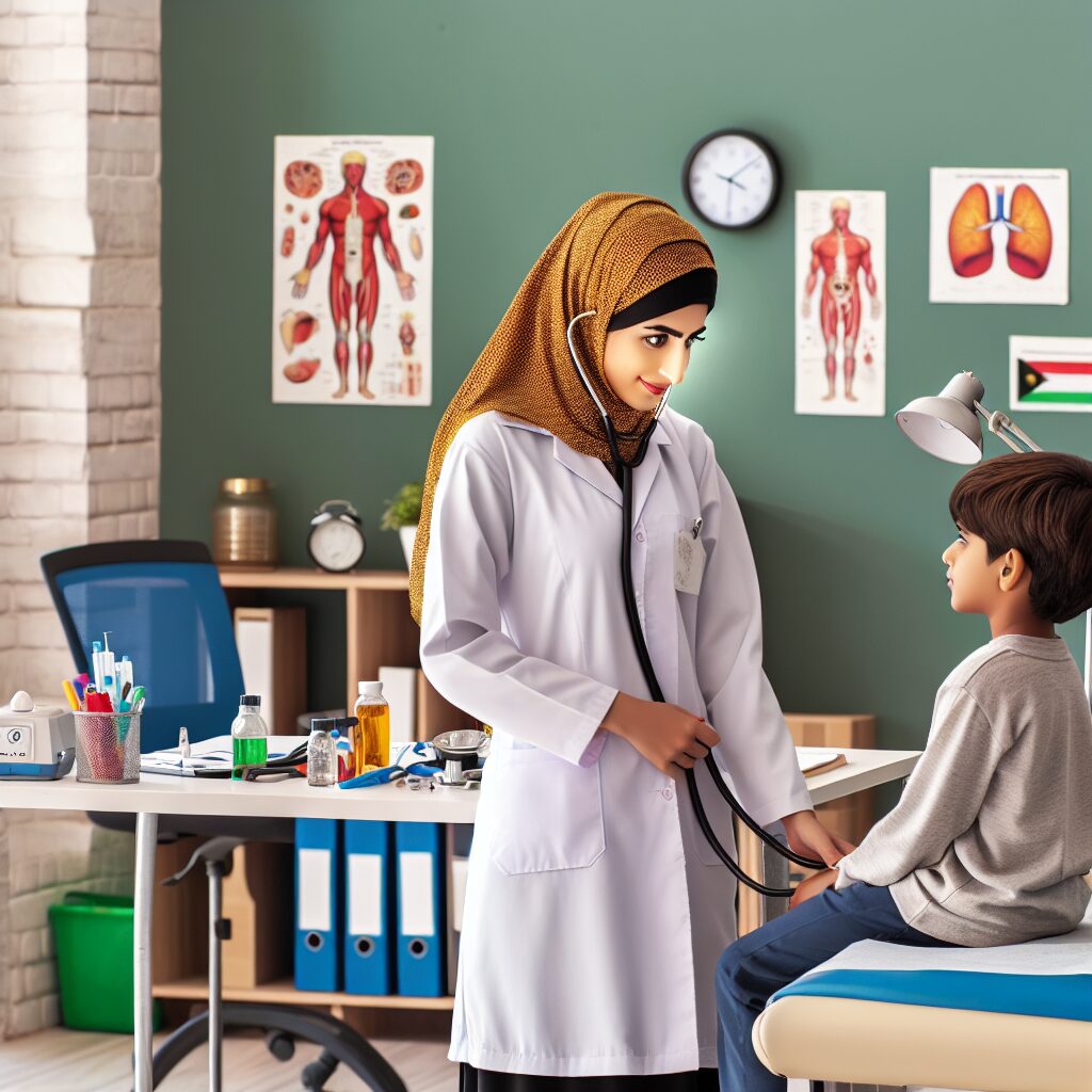 A depiction of a medical check-up for a 6-year-old child in a doctor's office. The atmosphere is caring and professional, with medical tools and a friendly doctor interacting with a child in a bright, colorful examination room.