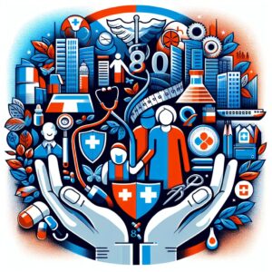 An illustration celebrating the 80th anniversary of social security in France, featuring symbols of healthcare, family support, and worker protection, with a backdrop representing 80 years of progress and unity.