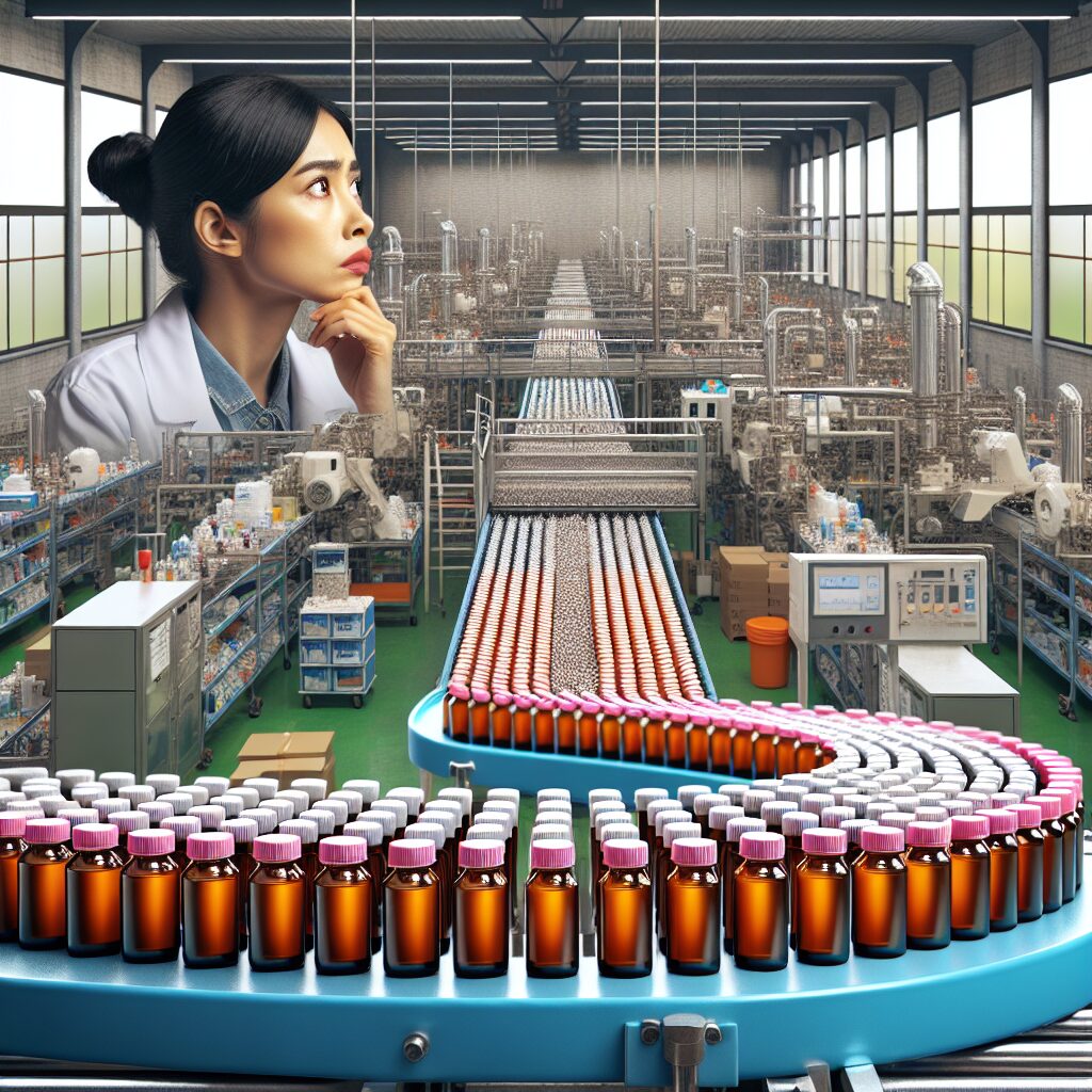 A factory scene with a production line of amoxicillin bottles, some being marked as defected for minor aesthetic reasons. In the background, an empty pharmacy shelf to represent the shortage in France, with a concerned pharmacist observing.