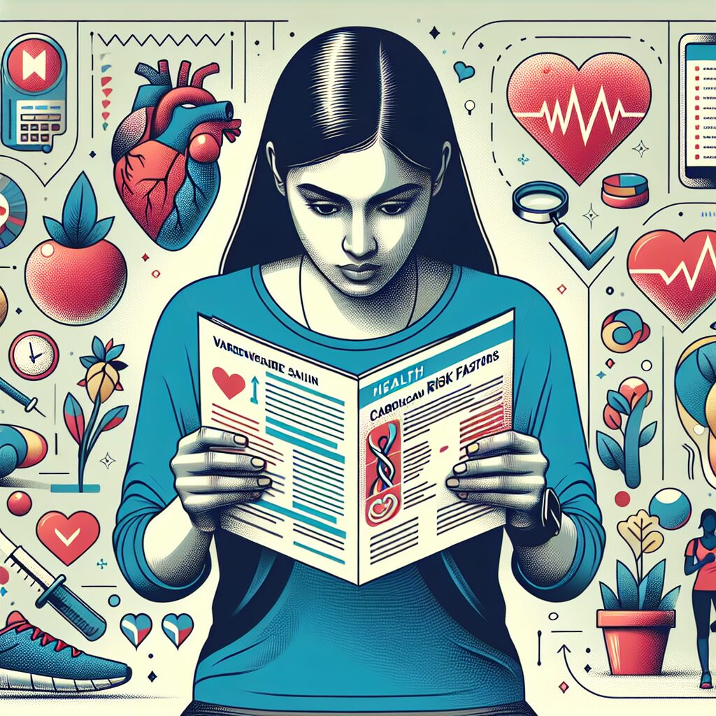 Illustration détaillée d'une personne examinant des brochures médicales sur les facteurs de risque cardiovasculaire, avec des symboles de santé comme un cœur, des fruits et légumes, et des équipements sportifs autour, style informatif et moderne.