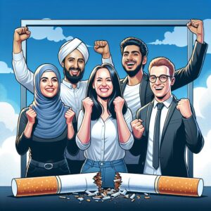 An illustration of a diverse group of people joyfully celebrating their cessation of smoking, symbolizing support and success against a backdrop of a clear blue sky, with a broken cigarette in the foreground representing quitting smoking.