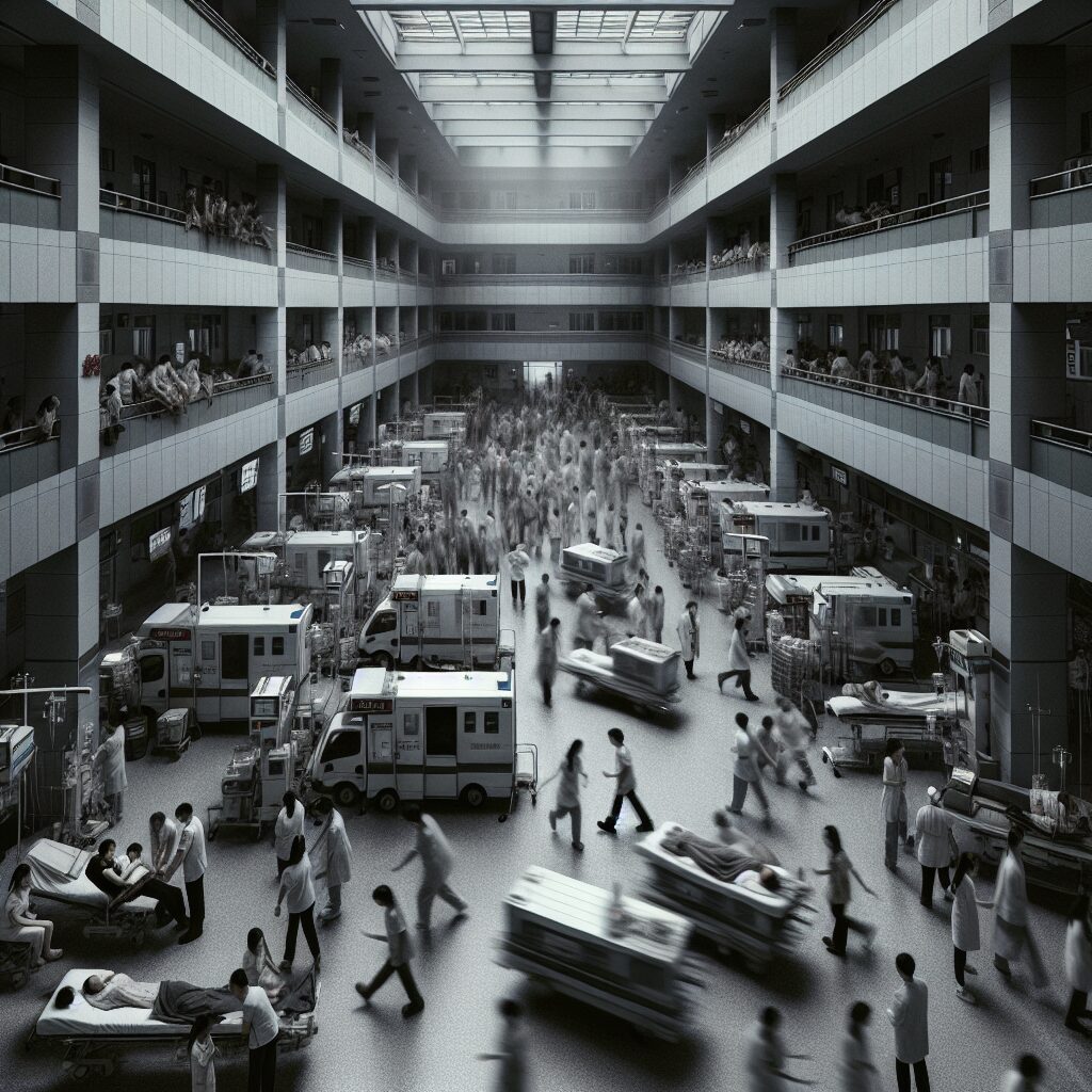 A somber and expressive image of a crowded hospital emergency room corridor with medical staff rushing, depicting stress and urgency, in a photographic style that conveys a sense of chaos and emergency.