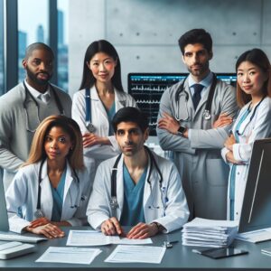 A diverse group of doctors and specialists in a modern medical office, looking at updated tariffs and patient care plans, reflecting a sense of optimism and progress in healthcare. The setting should include elements indicative of medical practice, like a stethoscope, medical records, and computers.