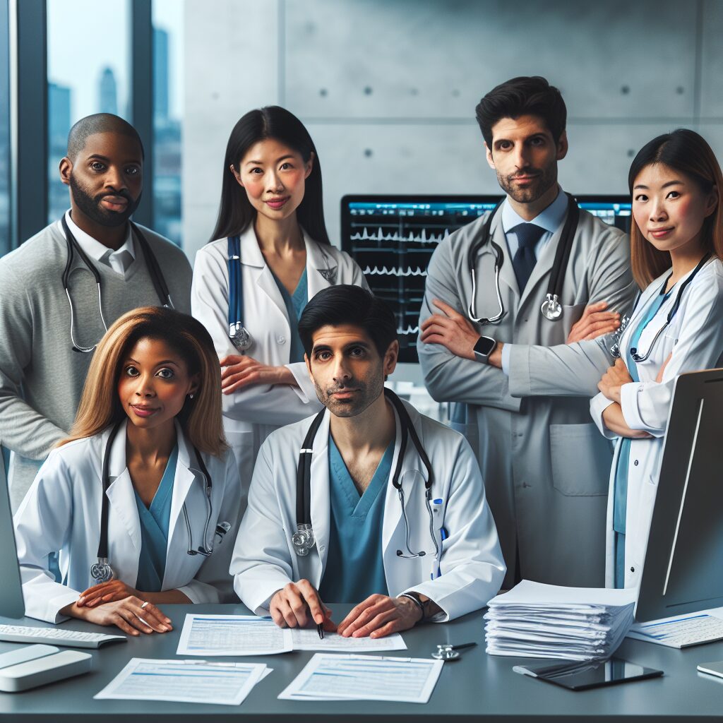 A diverse group of doctors and specialists in a modern medical office, looking at updated tariffs and patient care plans, reflecting a sense of optimism and progress in healthcare. The setting should include elements indicative of medical practice, like a stethoscope, medical records, and computers.