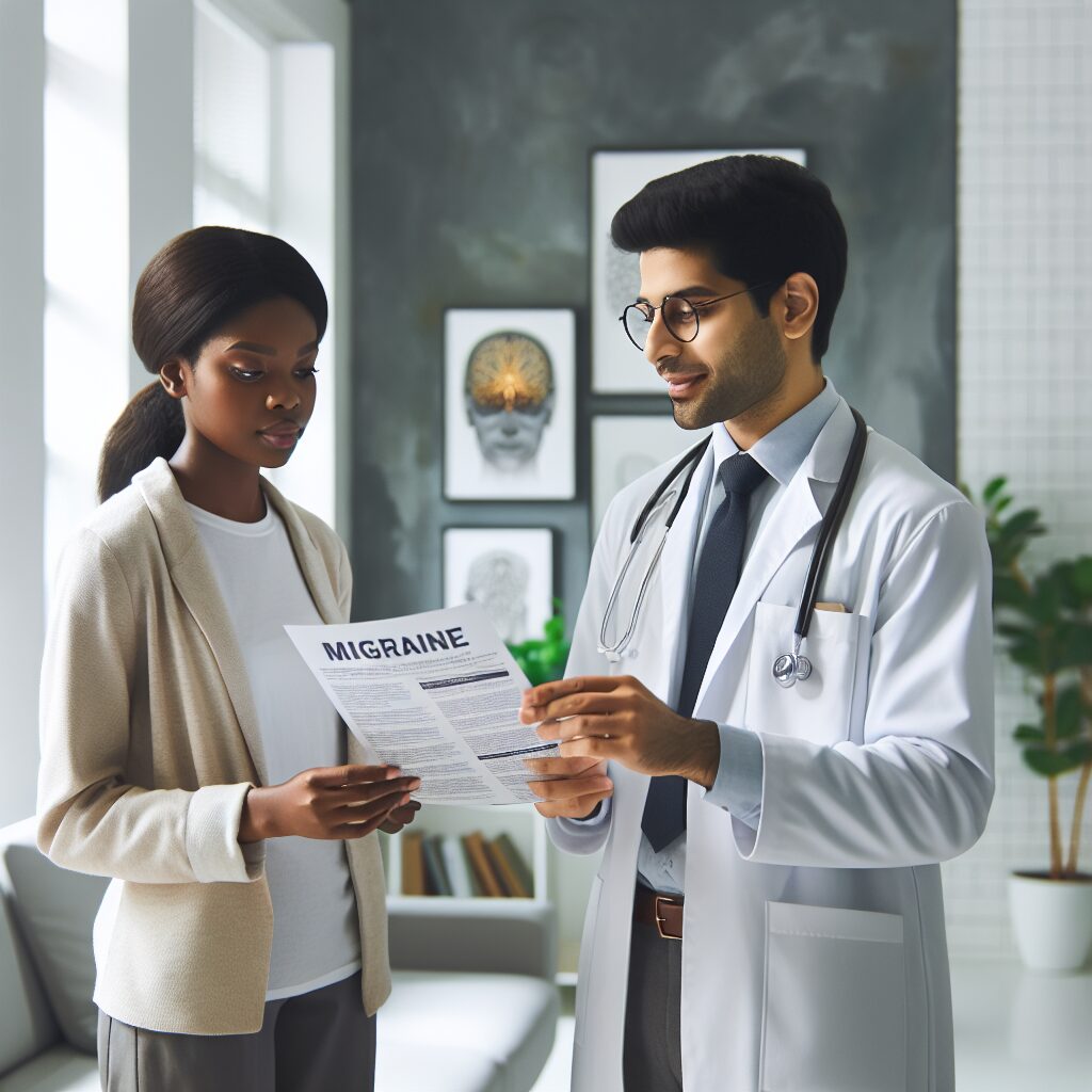 A doctor discussing treatment options with a female patient in a bright, modern clinic setting, focusing on health care and migraine treatment. Include an informative brochure being handed to the patient.