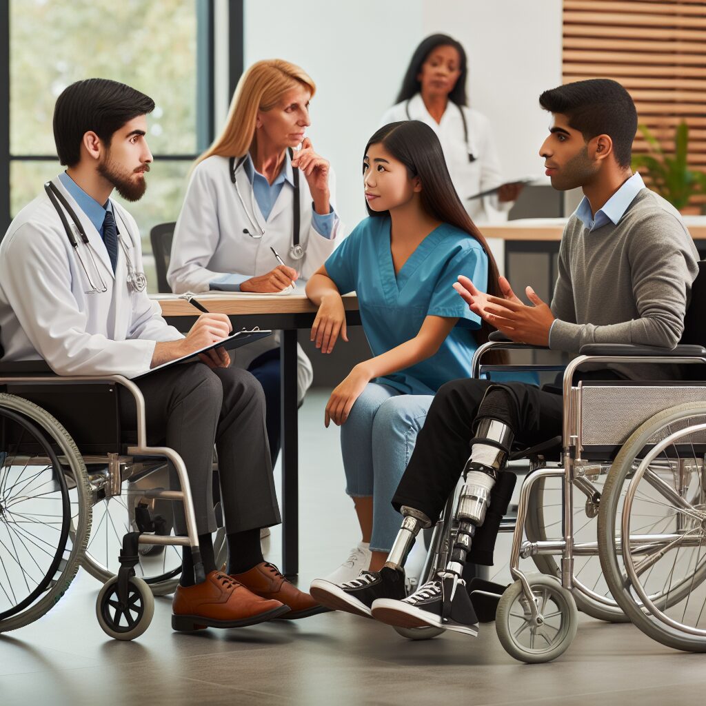 A diverse group of people with visible and invisible disabilities, interacting with healthcare providers in a supportive and inclusive environment. The setting is a modern and accessible medical clinic, with medical professionals attentively listening and taking notes. The image should convey collaboration, care, and accessibility in healthcare.