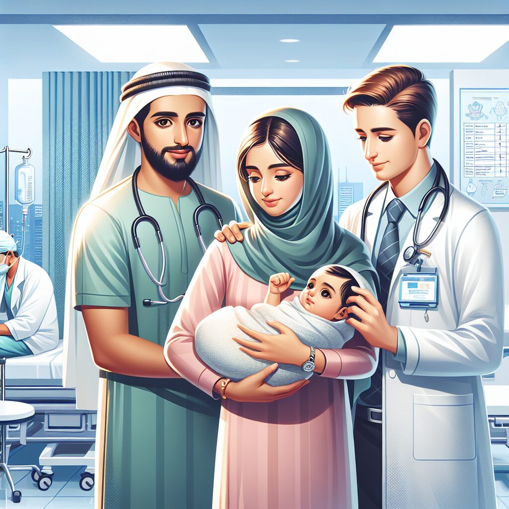 An illustration showing a mother with her baby in a hospital, surrounded by healthcare professionals administering treatment. The setting conveys warmth and care, emphasizing the protection of infants during a bronchiolite epidemic. The background shows hospital equipment and a chart depicting virus prevention methods.