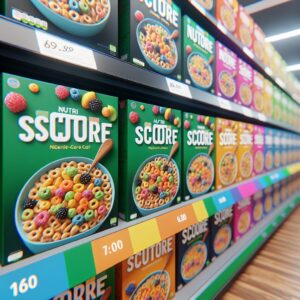 Paquets de céréales colorés alignés sur une étagère de supermarché, étiquettes Nutri-Score bien visibles, environnement lumineux de supermarché, photographie de style réaliste.