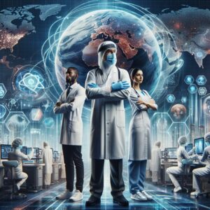 A futuristic representation of the world combating a pandemic, featuring diverse healthcare professionals in protective gear, scientific research imagery, and modern medical technology against a global backdrop.