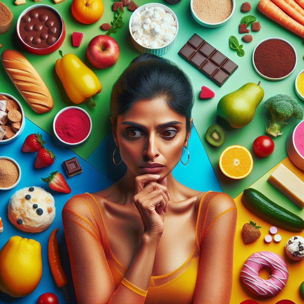 A person looking thoughtfully at a variety of sugary foods like cakes and chocolates, with a conflicted expression, surrounded by an assortment of both healthy and unhealthy options. Bright colors to depict the allure of sugar.