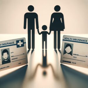 Une image illustrant des cartes Vitales de deux parents avec une silhouette d'un enfant au centre, symbolisant le rattachement aux deux parents pour faciliter les remboursements.