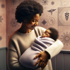 A mother holding her baby in a cozy, warmly lit home environment during winter. The baby is wrapped snugly in a blanket, with medical symbols subtly integrated into the background, suggesting healthcare and protection.