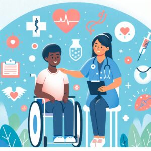 Illustration d’une personne en situation de handicap interagissant avec un professionnel de santé, entourée d'éléments symbolisant les soins médicaux et la technologie, dans un environnement hospitalier apaisant et inclusif.