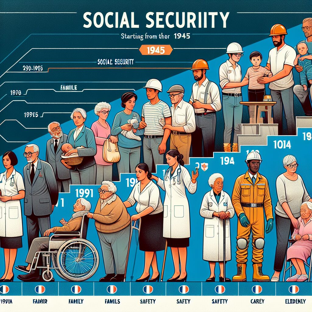 An illustration of the social security in France; a historic timeline from 1945 showing major social advancements, diverse people representing public health, family, work safety, and elderly care.