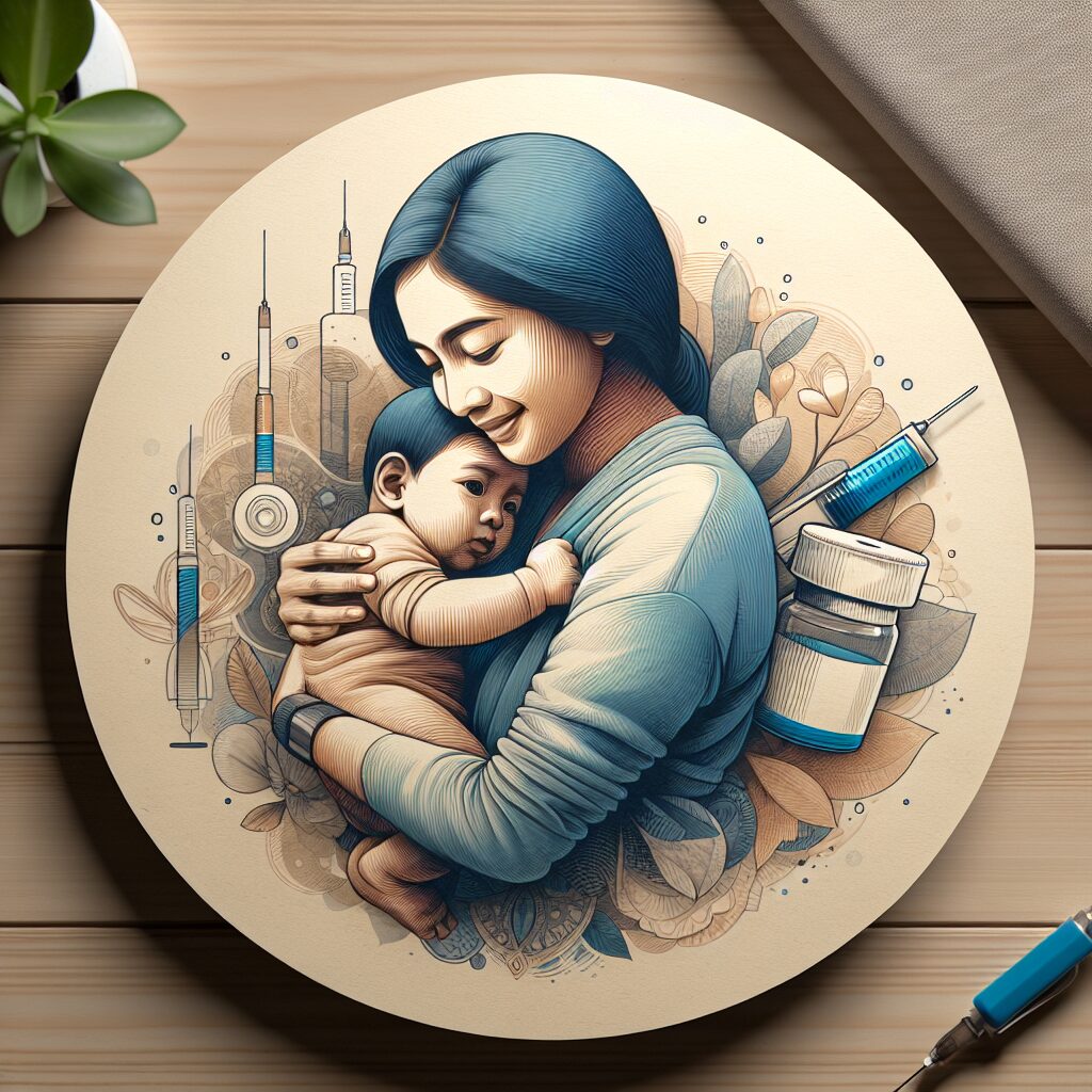 A caring mother gently holding her baby, in a cozy home setting, highlighting protection and warmth, with a subtle background showing medical elements like syringe symbolizing vaccination. The color scheme should be soft and comforting.