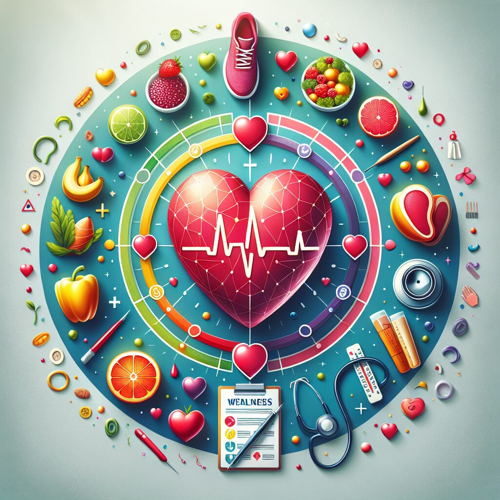 A heart with various health symbols around it, such as exercise, healthy food, and medical check-ups, symbolizing cardiovascular disease prevention.