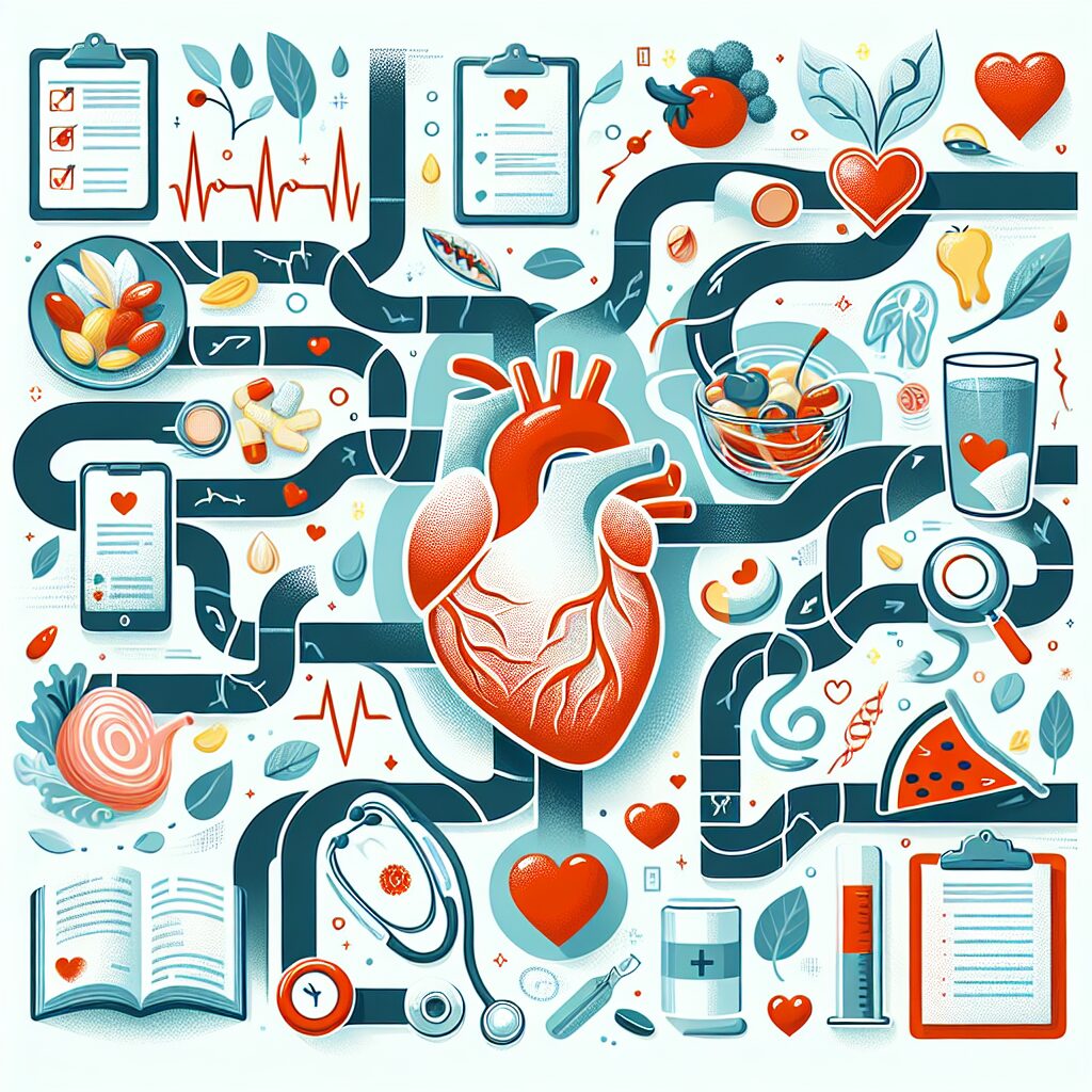 A detailed and informative illustration showing various cardiovascular risk factors, with medical symbols like a heart and arteries, along with lifestyle elements such as healthy food, exercise, and medical checkups, in a modern and engaging style.