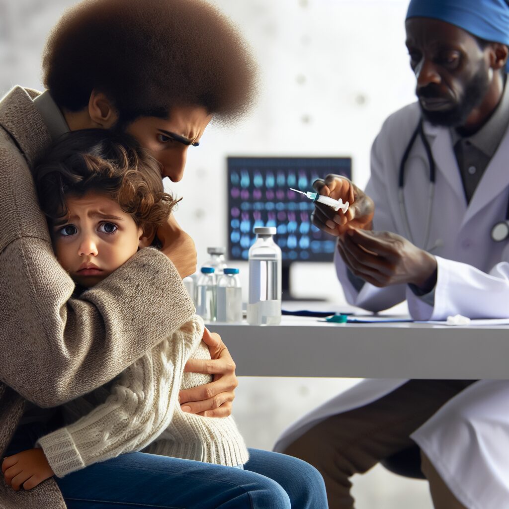 An illustration of a worried parent holding a child, with a healthcare professional advising them on flu vaccination, set in a French healthcare environment.