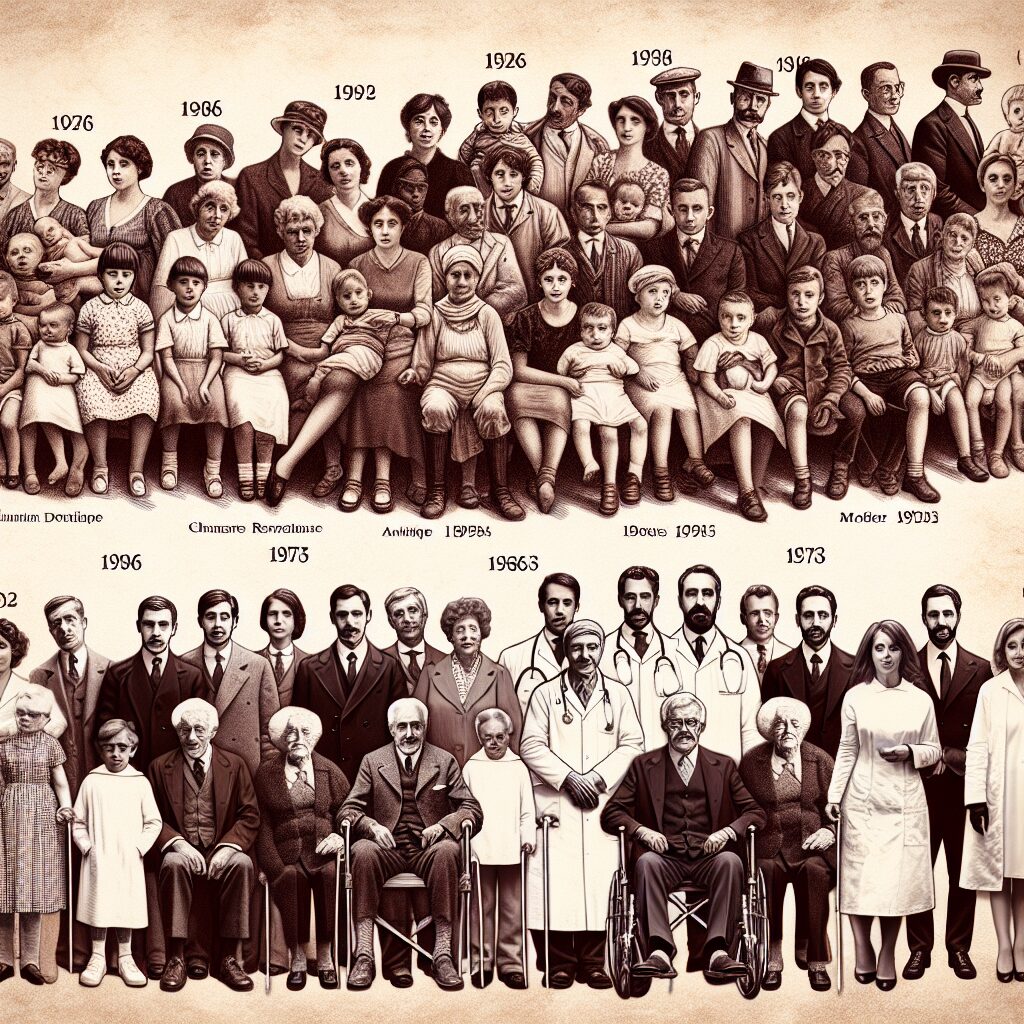 A vintage photo depicting the evolution of social security over 80 years in France, featuring historical and modern elements, with a diverse group of people benefiting from healthcare and social services.