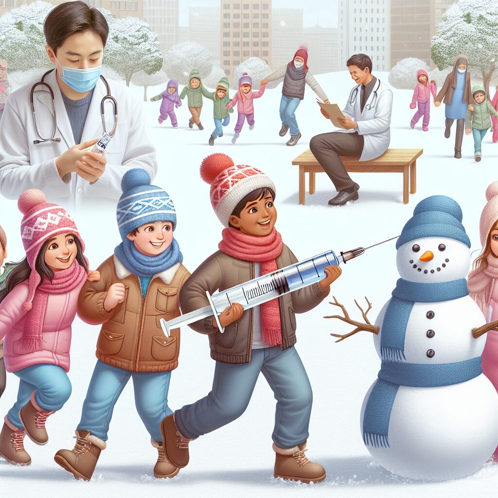 A group of children in winter clothing playing together in a snowy park, with a medical professional in the background holding a flu vaccine syringe, emphasizing health and prevention.