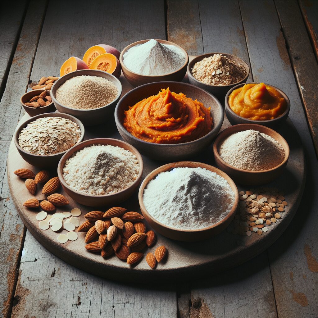 An array of alternative flours and ingredients such as rice flour, cornstarch, sweet potato puree, oats, and almond powder displayed creatively on a wooden kitchen table, emphasizing variety and creativity in cooking.