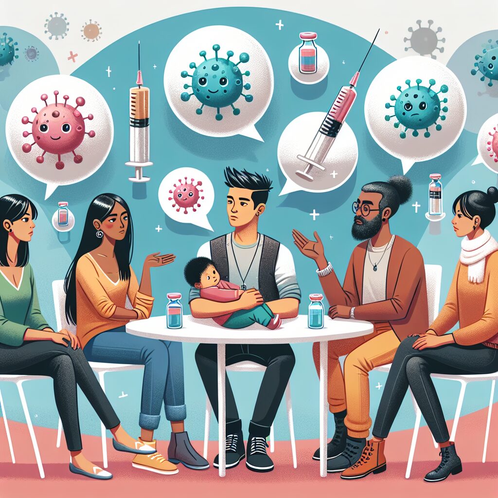 Illustration of a diverse group of parents discussing in a calm environment whether to vaccinate their children against the flu, surrounded by visual elements representing vaccines and flu viruses.