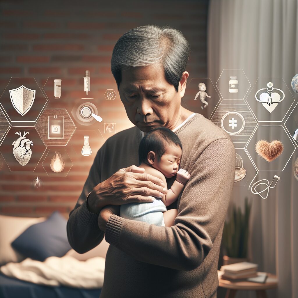 A concerned parent holding a newborn, emphasizing protection and care. The scene may depict a cozy, warm home environment. In the background, subtle representations of health symbols like a shield or a stethoscope can be incorporated to signify protection and medical care.