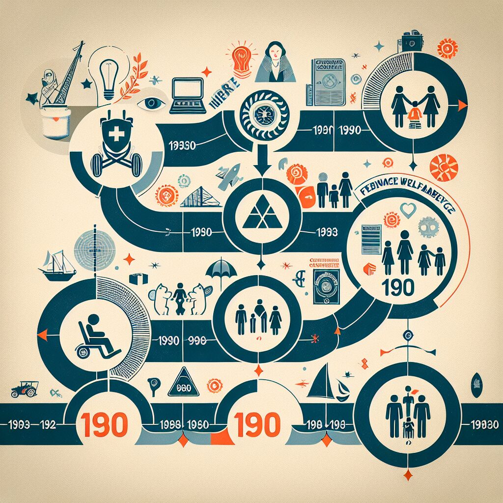 An illustrative image depicting the evolution of the French Social Security over 80 years, featuring symbols of healthcare, family support, and workplace safety, with a historical timeline background.