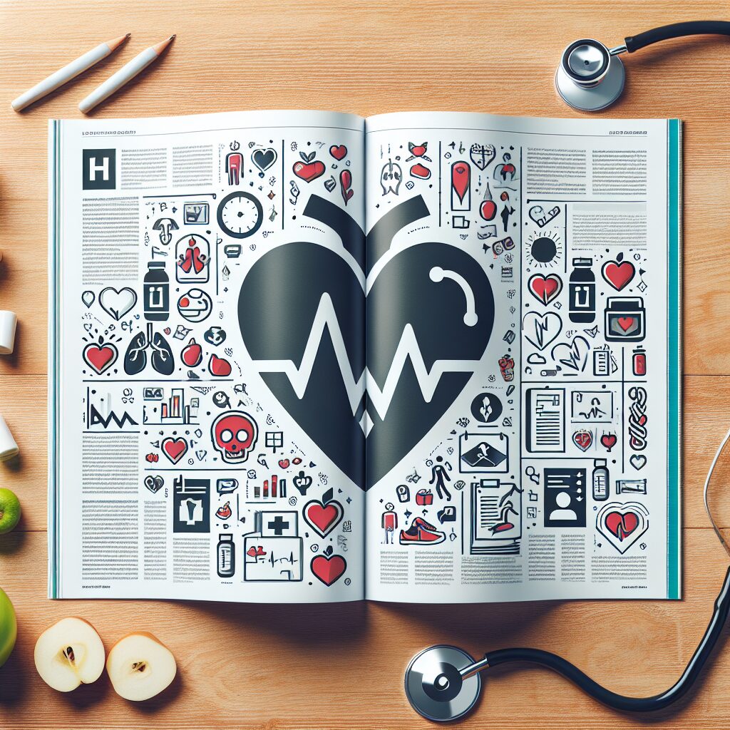 Illustration of a health magazine open to pages discussing cardiovascular health, showing heart symbols, a stethoscope, and healthy lifestyle icons.